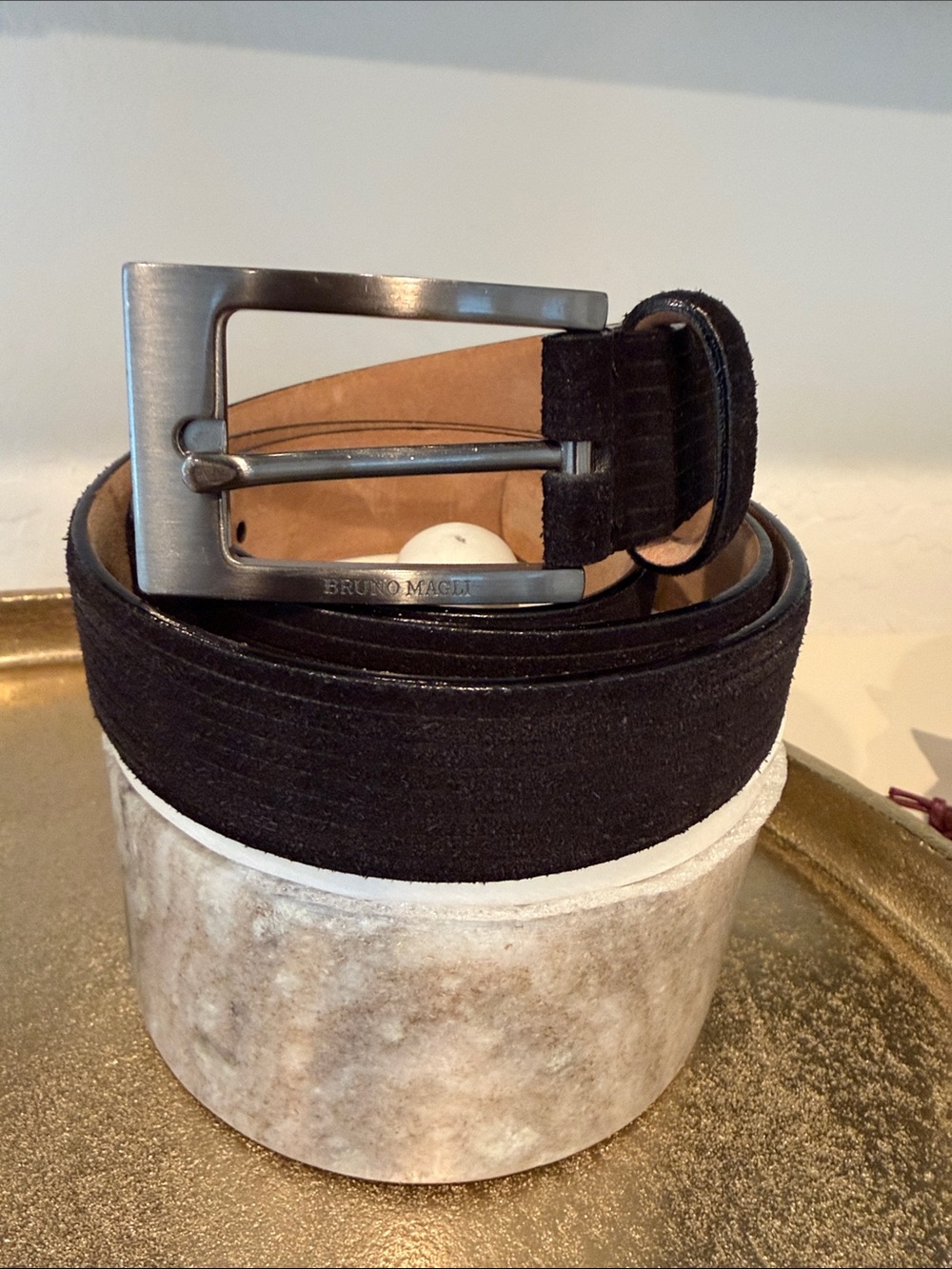 New Bruno Magli Black Suede Belt with Brushed Metal Buckle Size 100- Us 40